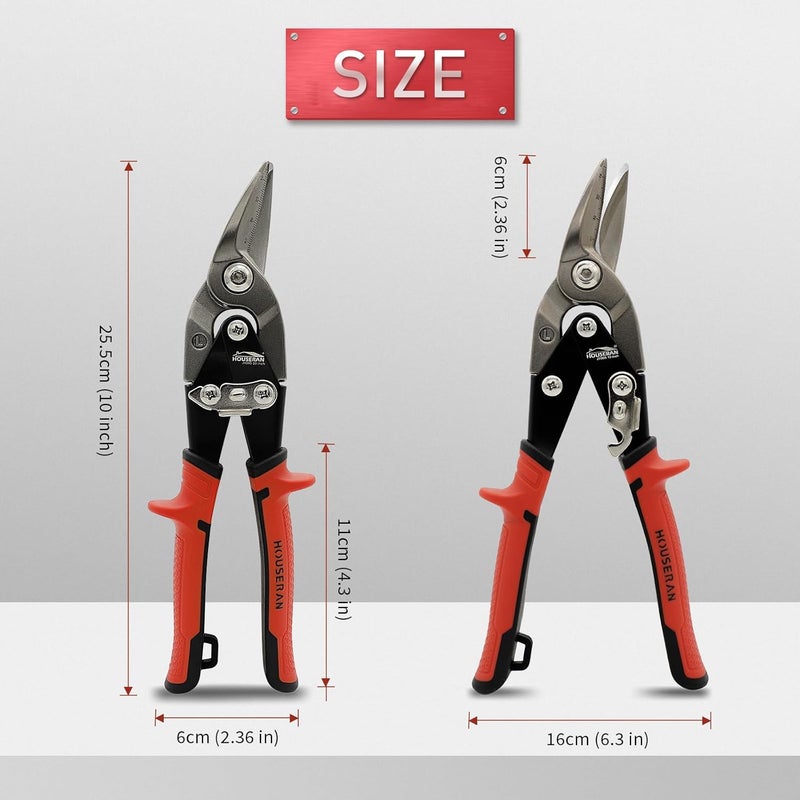 HOUSERAN 10 Inch Aviation Snips, Left Cut Offset Tin Snip, Heavy Duty CR-MO Tin Cutters with Double Lever, Scale Markings & Safety Lock, Sheet Metal Snips, Shears Scissors for Cutting Metal Sheet - Image 1